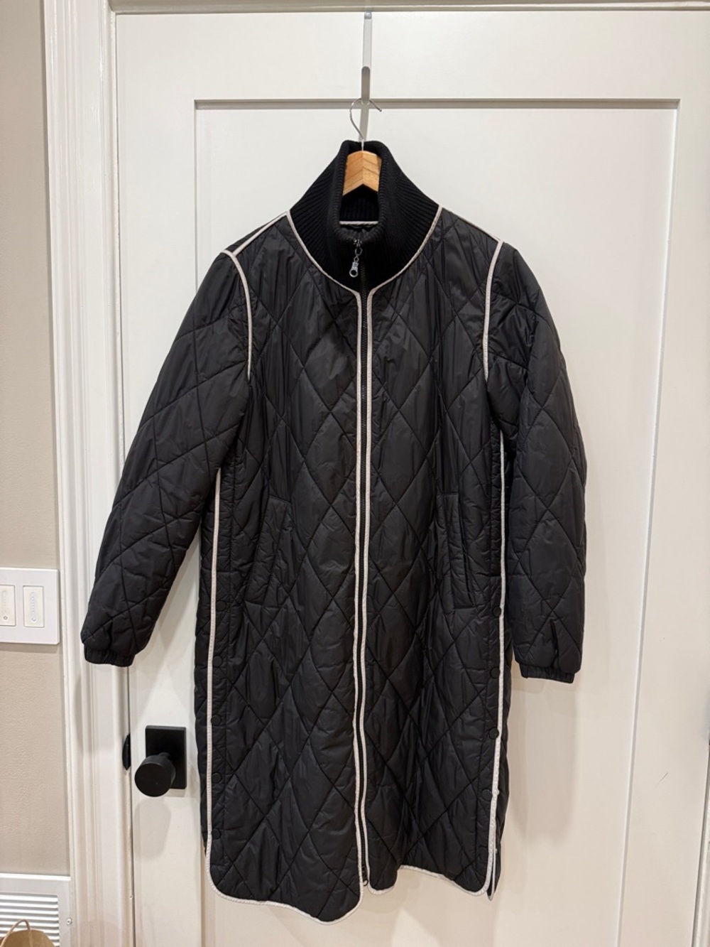 Black Quilted Long Puffer Coat with Cream Contrast Piping